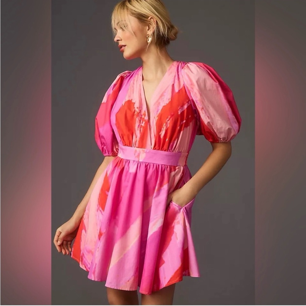 Hutch Pink & Red Puff-Sleeve Mini Dress